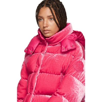 Shop Moncler Pink Velvet Caille Down Jacket