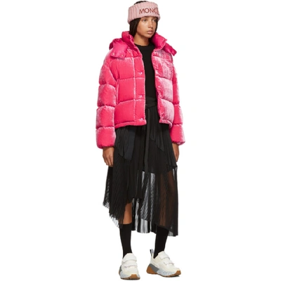 Shop Moncler Pink Velvet Caille Down Jacket