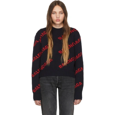 Shop Balenciaga Navy And Red Cropped Logo Sweater In 9019 Nvy/or