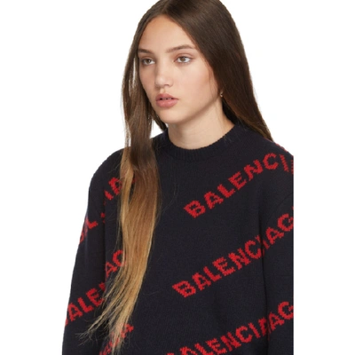 Shop Balenciaga Navy And Red Cropped Logo Sweater In 9019 Nvy/or