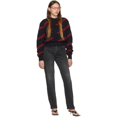 Shop Balenciaga Navy And Red Cropped Logo Sweater In 9019 Nvy/or