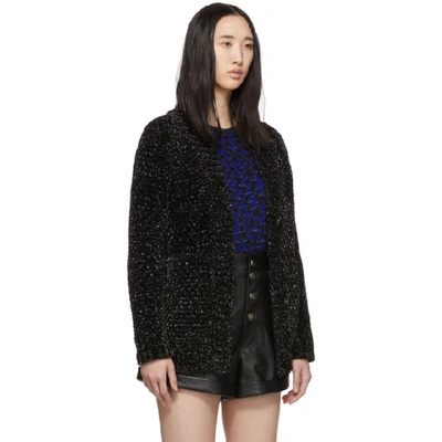 Shop Saint Laurent Black And Silver Knit Chenille Long Cardigan In 1081 Bk/sil