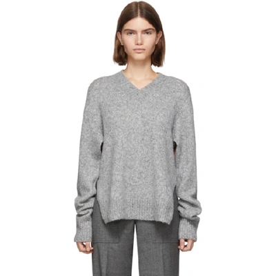 Shop Helmut Lang Grey Wool And Alpaca Brushed V-neck Tie Sleeve Sweater In Ash