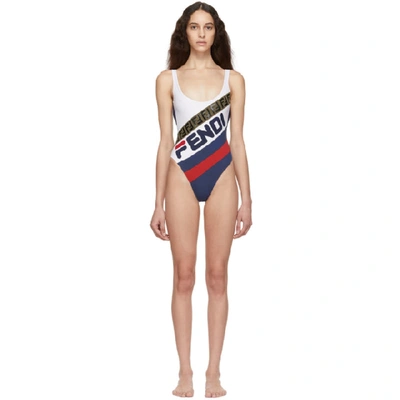 Shop Fendi White & Navy ' Mania' One-piece Swimsuit