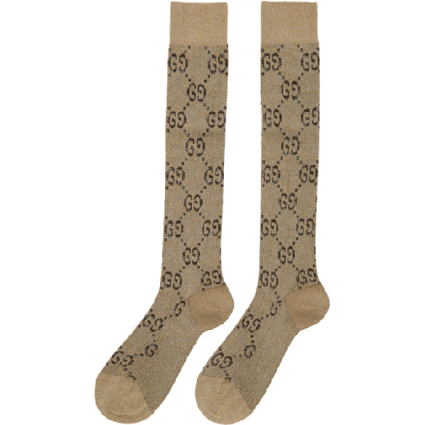 Gucci Gg-intarsia Knee-high Cotton-blend Lamé Socks In 9964 Shell ...