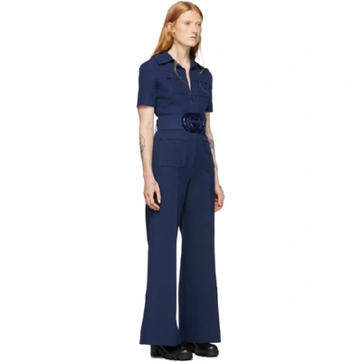 Shop Gucci Navy Belted Short Sleeve Jumpsuit In 4142 Navy