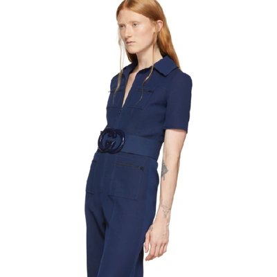 Shop Gucci Navy Belted Short Sleeve Jumpsuit In 4142 Navy