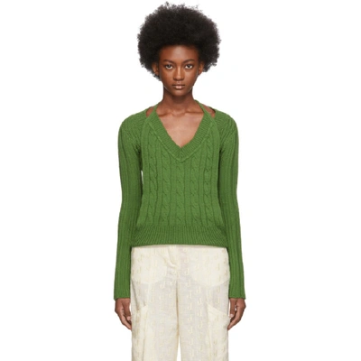 Shop Jacquemus Green La Double Maille V-neck Sweater
