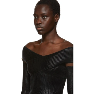 Shop Versace Jeans Couture Black Lame Off-the-shoulder Sweater In E899 Black