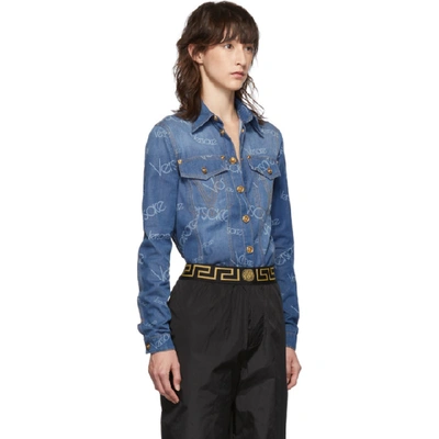 Shop Versace Blue Denim Logo Stamped Shirt In A8806 Denim