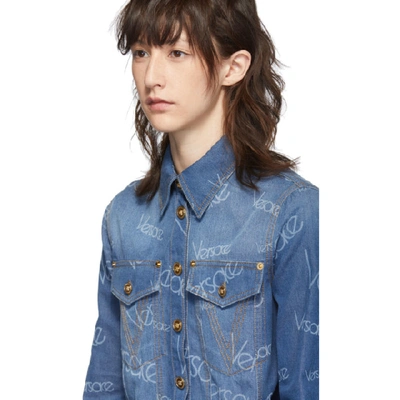 Shop Versace Blue Denim Logo Stamped Shirt In A8806 Denim