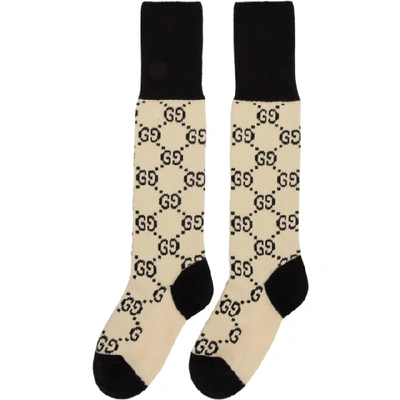 Shop Gucci Off-white And Black Gg Supreme Long Socks In 9260 Ivory