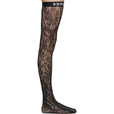 Shop Versace Underwear Black Logo Band Lace Stockings In A1008 Black