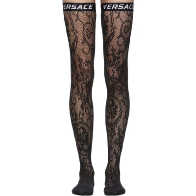 Shop Versace Underwear Black Logo Band Lace Stockings In A1008 Black