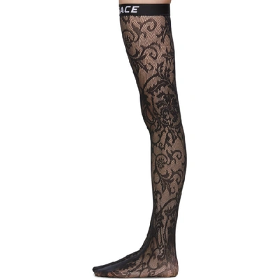 Shop Versace Underwear Black Logo Band Lace Stockings In A1008 Black