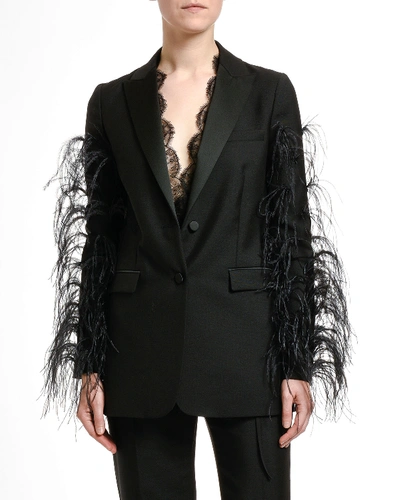 Shop Valentino Feather-trim Wool Blazer Jacket In Black