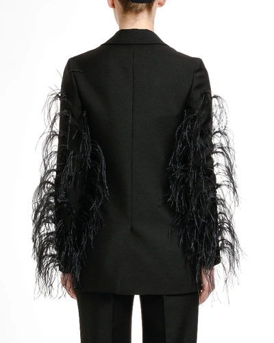 Shop Valentino Feather-trim Wool Blazer Jacket In Black