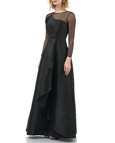 Shop Kay Unger Adele Illusion Sleeve Mikado A-line Gown W/ Cascading Ruffle Detail In Black