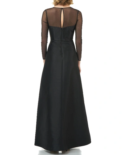 Shop Kay Unger Adele Illusion Sleeve Mikado A-line Gown W/ Cascading Ruffle Detail In Black