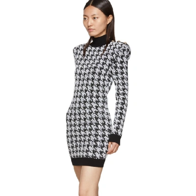 Shop Balmain Black & White Tweed Houndstooth Long Sleeve Dress