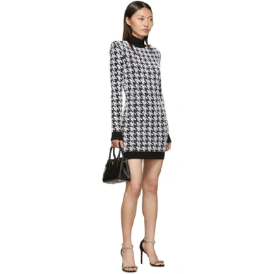 Shop Balmain Black & White Tweed Houndstooth Long Sleeve Dress