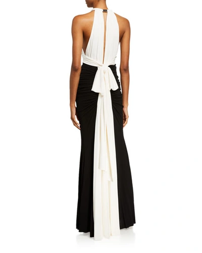 Shop Alexander Mcqueen Ruched Two-tone Jersey Halter-neck Gown In Black/white