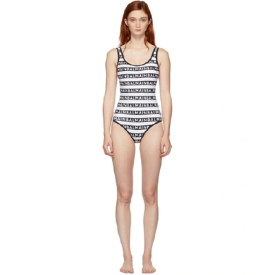 Shop Balmain Black And White Logo Print One-piece Swimsuit In 201 Blk/wht