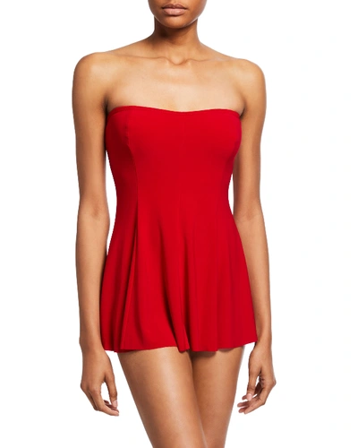 Shop Norma Kamali Strapless Flared Swimdress In Red