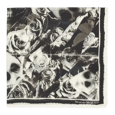 Shop Alexander Mcqueen Black And Off-white Ripped Roses Skull Scarf In 1078 Bk/ivo