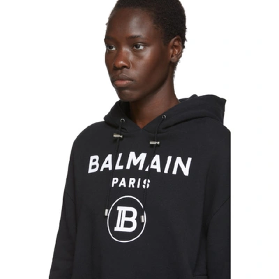 Shop Balmain Black Cropped Flocked Logo Hoodie