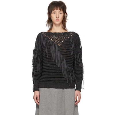 Shop Stella Mccartney Black Knit Fringe Crewneck Sweater In 1000 Black