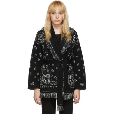 Shop Alanui Black And White Jacquard Bandana Belted Cardigan In Embassy Blk