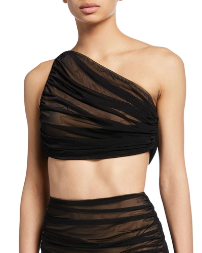 Shop Norma Kamali Diana One-shoulder Bikini Top In Black Mesh