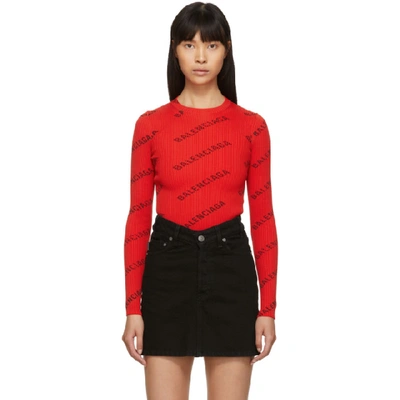 Shop Balenciaga Red All Over Logo Crewneck Sweater In 6282 Poppy