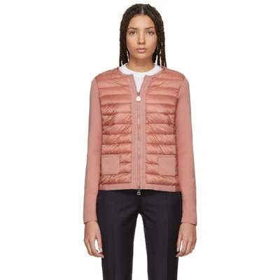 Shop Moncler Pink Down Front Panel Zip-up Sweater In 502 Blush