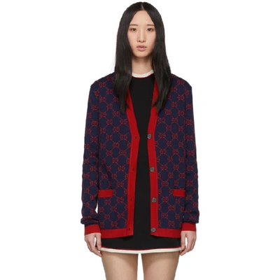 Shop Gucci Navy Gg Jacquard Cardigan In 4668 Blue