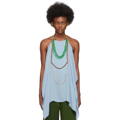 Jacquemus Haut Bijoux Backless Draped Embellished Crepe Halterneck Top In Blue