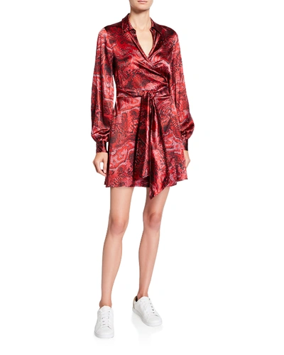 Shop Ganni Printed Satin Long-sleeve Wrap Dress In Red