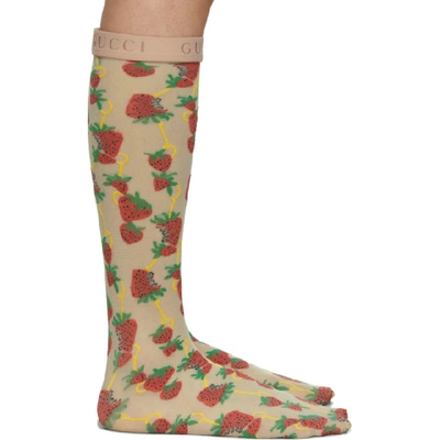 Shop Gucci Off-white Strawberry Socks In Multicolor