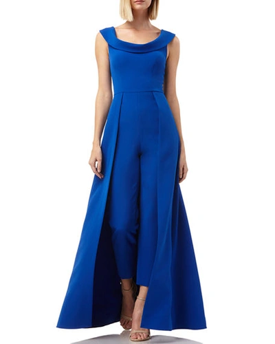 Shop Kay Unger Anais Stretch Crepe Jumpsuit With Skirt Overlay In Sapphire