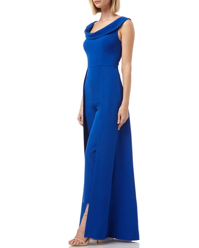 Shop Kay Unger Anais Stretch Crepe Jumpsuit With Skirt Overlay In Sapphire