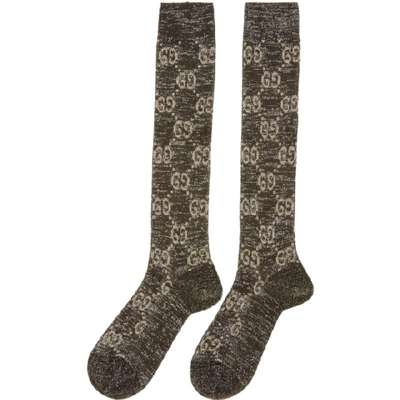 Shop Gucci Black & Silver Crystal Gg Socks In Light Grey