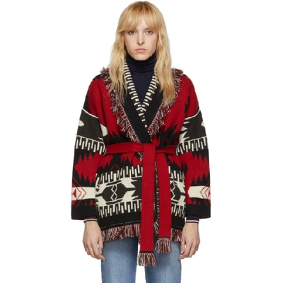 Shop Alanui Red And Black Jacquard Icon Belted Cardigan