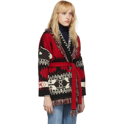 Shop Alanui Red And Black Jacquard Icon Belted Cardigan