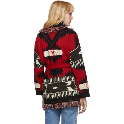 Shop Alanui Red And Black Jacquard Icon Belted Cardigan