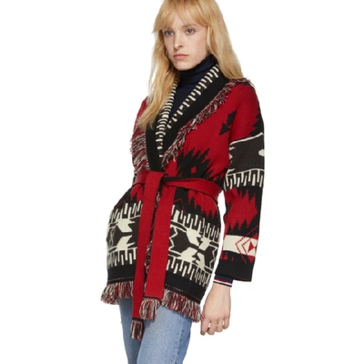 Shop Alanui Red And Black Jacquard Icon Belted Cardigan