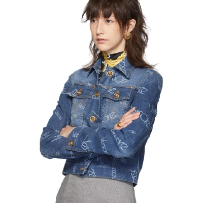 Shop Versace Blue Denim Logo Stamped Jacket In A8806 Denim