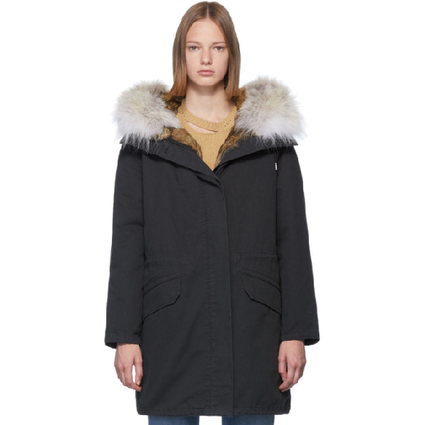 yves salomon black fur lined parka