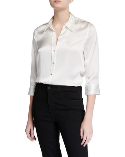 Shop L Agence Dani Silk Satin 3/4-sleeve Button-down Blouse In Ivory