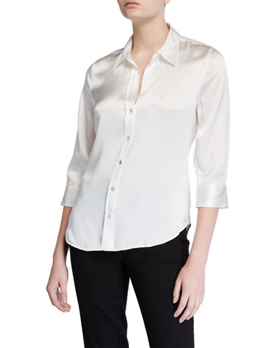 Shop L Agence Dani Silk Satin 3/4-sleeve Button-down Blouse In Ivory